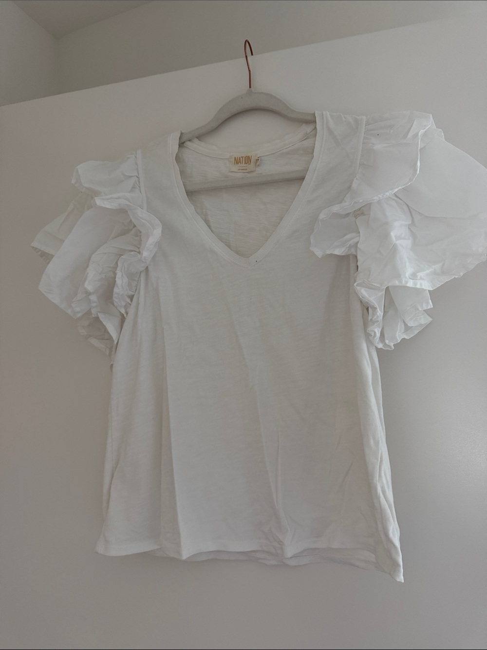 Nation LTD White V-Neck Ruffle Sleeve Top